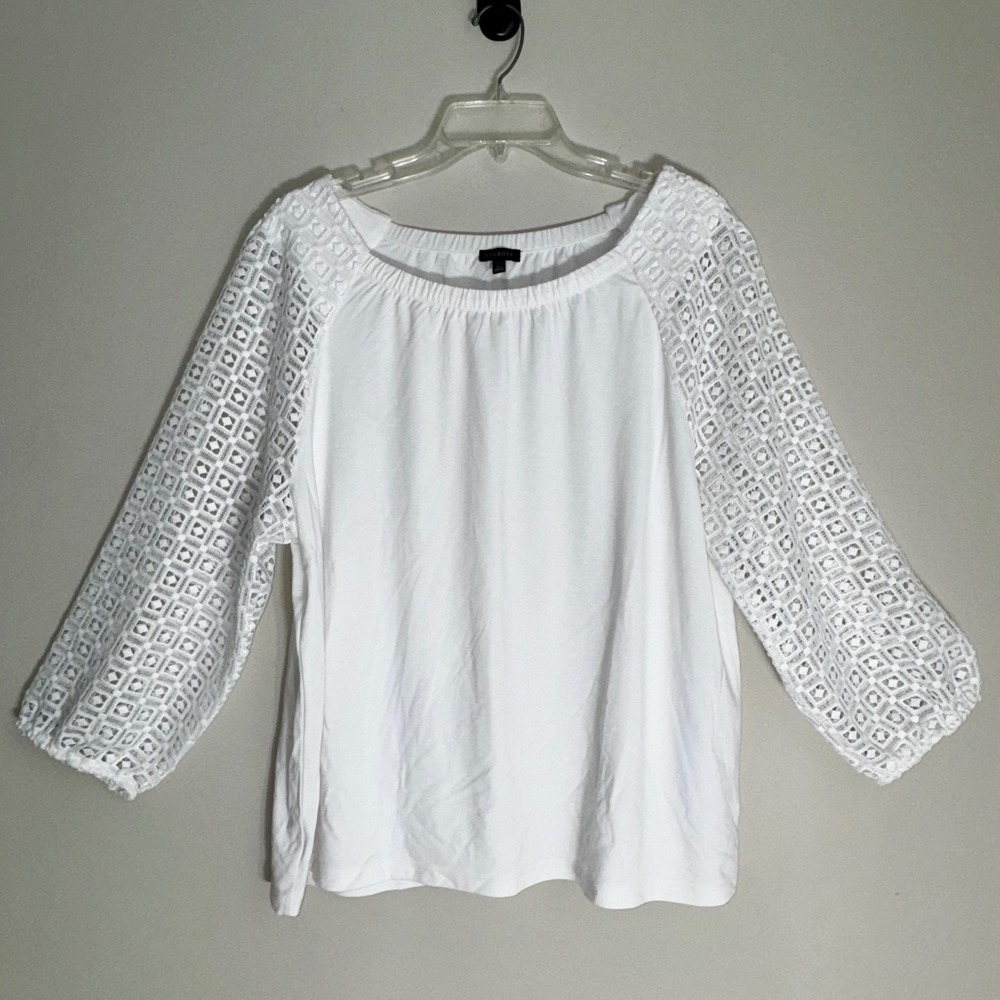 Talbots White Crochet Lace Raglan Sleeve Knit Top XL Elastic Scoop Neck